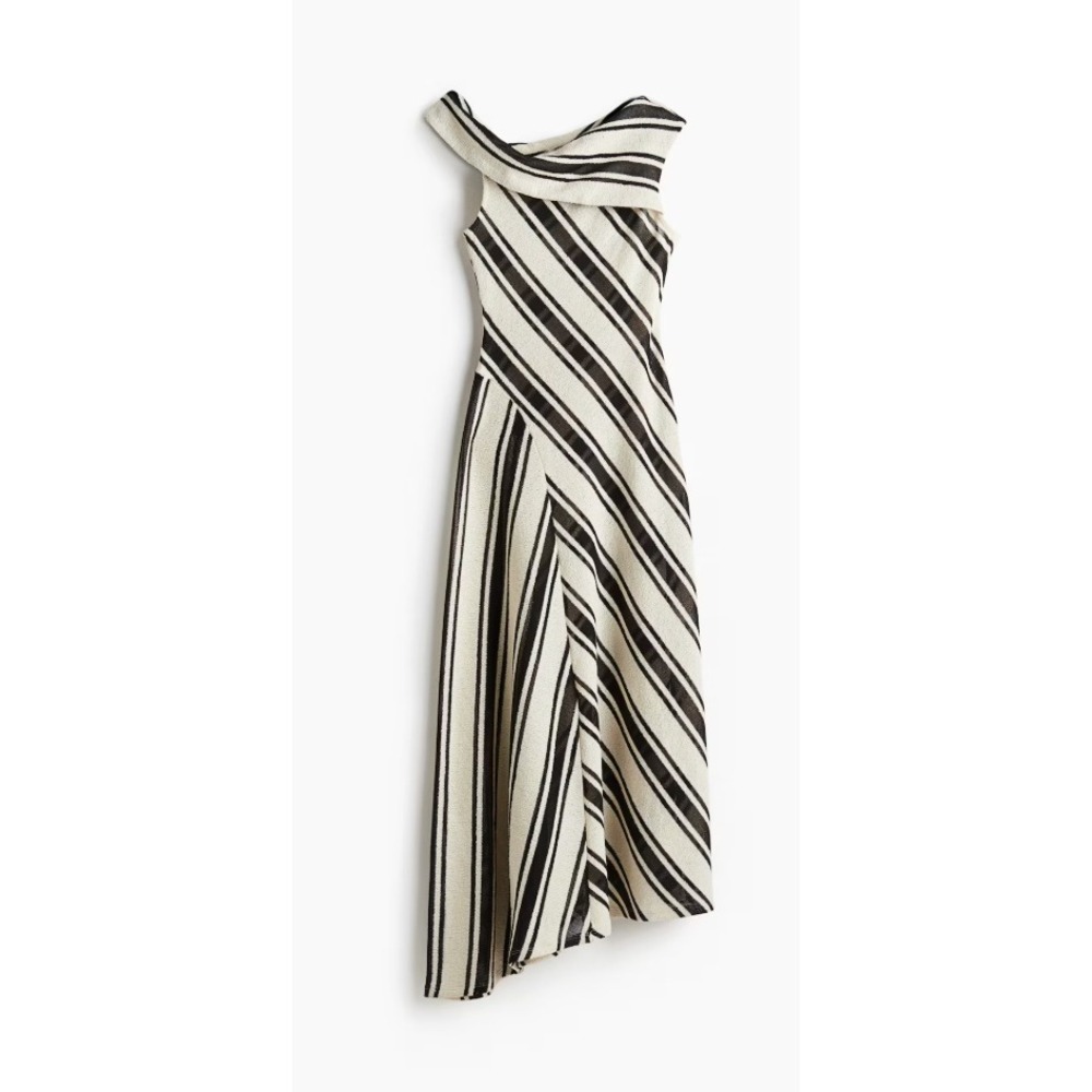H&M Women's Black Cream Striped One Shoulder Knit Midi Dress Size Medium NWT